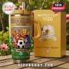 Gold World Cup 2026 100th Anniversary Pooh Friends soccer tumbler! Tigger, Pooh, Piglet, Eeyore on grass field! Text: USA CANADA MEXICO!