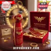 Red gold Wonder Woman portable fan, glowing 'WONDER WOMAN' disc, 'WW' logo, 'EST. 1941', 'YOU ARE A WONDER' text!