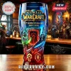 World of Warcraft 22nd anniversary glass with Horde and Alliance logos, dark fantasy tavern background, blue and red colors!