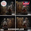 A collage of four different photos showing an Alien facehugger themed glass decanter with dark liquid on a rocky base and an ornate wooden storage box!