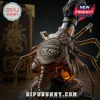 A detailed close up photograph of a glass whiskey decanter shaped exactly like an Alien facehugger with dark liquid and a prominent central label!
