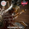 A macro photograph focusing on the glass legs of the facehugger shaped bottle and the intricate metal stopper against a blurred dark background!