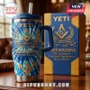 Blue tie-dye Yeti mug with gold 309th Anniversary Freemasons text, symbols, and tools! Matching gift box shown!