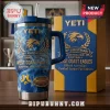 Blue YETI tumbler, West Coast Eagles 40th Anniversary 1986-2026 design with gold eagle, jersey, stadium, matching box!