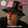 Pink and black two-tone grunge bucket hat with frayed brim, silver rings, 'BLACK HEARTS CLUB' text, and broken heart graphic!
