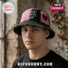Black and pink grunge distressed bucket hat with silver rings, featuring 