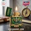 Gold Zippo lighter, green enamel, Hylian crest, Master Sword, 