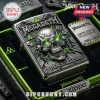 Silver Zippo lighter, embossed Megadeth skull, glowing green eyes, industrial metal style, 'MEGADETH PEACE SELLS...' text. Limited Edition 1983-2026!