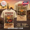 Tan vintage style ZZ Top anniversary t-shirt with red hot rod car and desert landscape graphics!