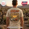 Beige graphic tee with ZZ Top La Grange text, vintage desert landscape, red hot rod, and cow skull design!