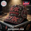 AC/DC black baseball cap adorned with red and clear rhinestones, featuring embroidered band logos and lightning motifs.!