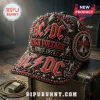 AC/DC black baseball cap adorned with red rhinestones, embroidered logos, and metal lightning bolt hardware details.!