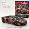 AC/DC Lamborghini Aventador diecast model car in black with lightning graphics and band logos on a white background.!