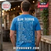 Man wearing a blue cotton t-shirt with white screen-printed Alan Jackson concert tour text, signatures, and country icons.!