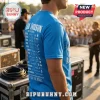 Bright blue Alan Jackson concert t-shirt featuring white printed artist names, signatures, and tour graphics on back.!