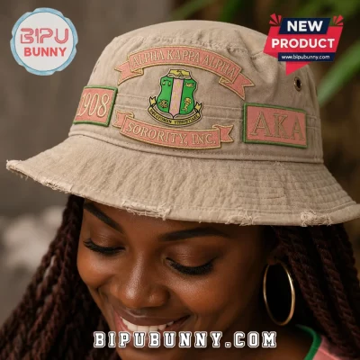 Alpha Kappa Alpha Sorority AKA 1908 Distressed Khaki Collectible Bucket Hat