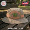 Tan distressed bucket hat featuring embroidered Alpha Kappa Alpha sorority crest, 1908, and AKA text on a park bench.!