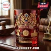 Red glass whiskey tumbler featuring gold embossed America 250 emblem, Liberty Bell, and 1776-2026 anniversary text.!