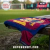 FC Barcelona soccer jersey with number 17 and GORDON printed on back resting on a wooden bench at a stadium field.!