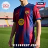 FC Barcelona soccer jersey with blue and red vertical stripes, Spotify logo, and yellow Nike swoosh on stadium field.!
