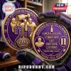 Anze Kopitar retirement commemorative coin in purple and gold metal held by a gloved hand with Los Angeles Kings branding.!
