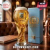 Argentina AFA 133rd anniversary beer glass shaped like a World Cup trophy next to a light blue commemorative gift box.!