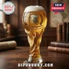 Argentina AFA 133rd anniversary trophy-shaped beer glass with golden lager and foam on a wooden table.!