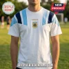 White Adidas cotton t-shirt with AFA Argentina national team crest and blue-navy shoulder panels on a soccer field.!