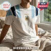 White cotton t-shirt featuring light blue and dark blue shoulder stripes, Adidas logo, and AFA Argentina football emblem.!