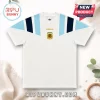 White Adidas Argentina national soccer team t-shirt with light blue and navy shoulder stripes and gold AFA crest.!