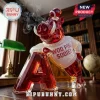 Red glass Arkansas Razorback whiskey decanter shaped like a hog wearing a white sweater with text Woo Pig Sooie.!