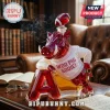 Red glass whiskey decanter shaped like a hog mascot wearing a white sweater with WOO PIG SOOIE text and football topper.!