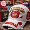 White Arsenal FC distressed baseball cap featuring gold Champions embroidery and UEFA Champions League side patch.!