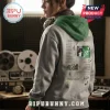 Grey hoodie with green inner hood featuring back graphics of musical notes, stars, tracklists, and a photo collage.!