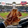Atlanta Braves letter A shaped whiskey decanter with a baseball stopper, filled with amber liquid, at a baseball stadium.!