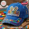 Distressed blue denim baseball cap featuring an Autism patch with multicolored hands and the words Accept Understand Love.!