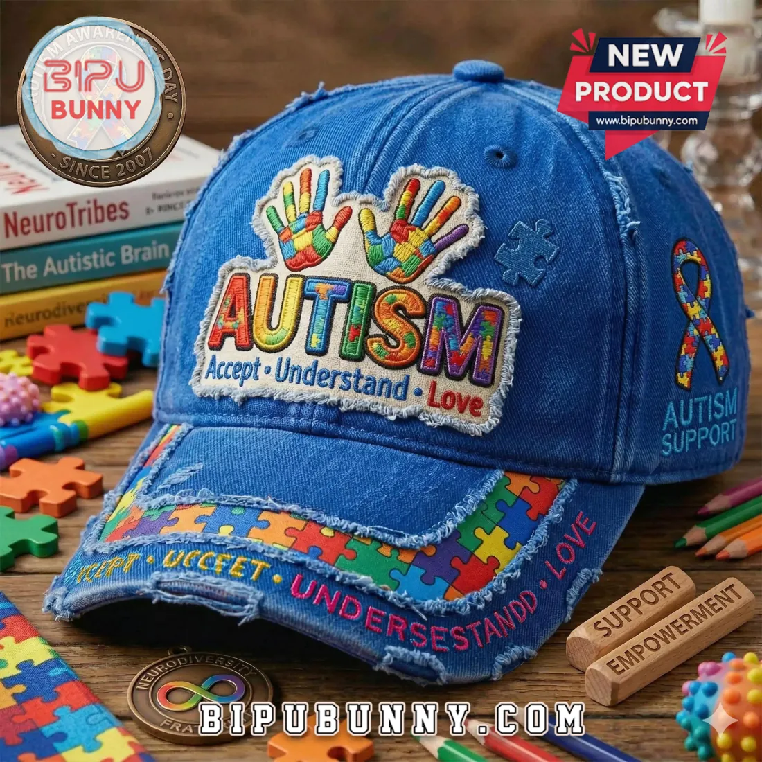 Autism Awareness Puzzle Denim Distressed Baseball Cap Autism Awareness Puzzle Denim Distressed Baseball Cap