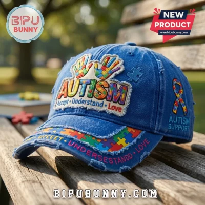 Autism Awareness Puzzle Denim Distressed Baseball Cap