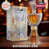 Bill France Cup trophy shaped whisky decanter with amber liquid and matching display box on a wooden table.!