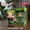 Billie Eilish vinyl collectible figure with green hair, black flame shirt, and matching shorts standing beside its box.!
