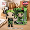 Billie Eilish vinyl collectible figure in black shirt with neon green flames, matching shorts, and green-tipped hair.!