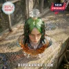 Billie Eilish faceted glass bust decanter featuring green hair and a silver padlock necklace on a stone ledge.!