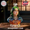 Billie Eilish faceted crystal bust decanter with green hair, silver chains, and etched name on a wooden surface.!