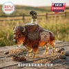 Buffalo Trace 250th anniversary shaped glass whiskey bottle with a metal bison stopper on a wooden surface outdoors.!