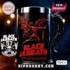 Black Sabbath 57th Anniversary beer stein with embossed red winged devil graphic and metal handle against dark background.!