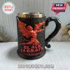 Black Sabbath 57th anniversary tankard mug with red devil relief, metal interior, and textured black exterior.!