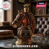 Blanton's horse-head shaped amber glass bourbon whiskey decanter with gold-tone horse stopper on a dark marble table.!