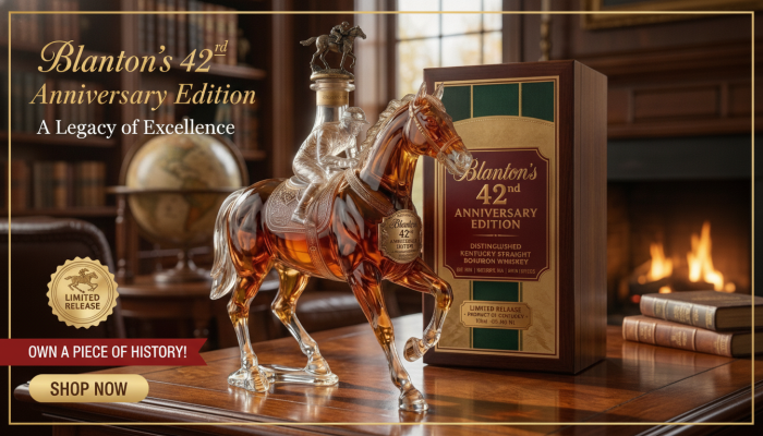 Blanton's 42nd Anniversary Racehorse Whiskey Decanter displayed in luxury home bar setting