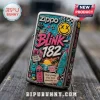 Blink-182 Zippo lighter with colorful pop-punk graphics, skateboards, palm trees, and smiley face emblems on metal.!