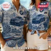 BMW patterned blue and white collared shirts featuring vintage car graphics, logos, and mountain scenery on fabric.!